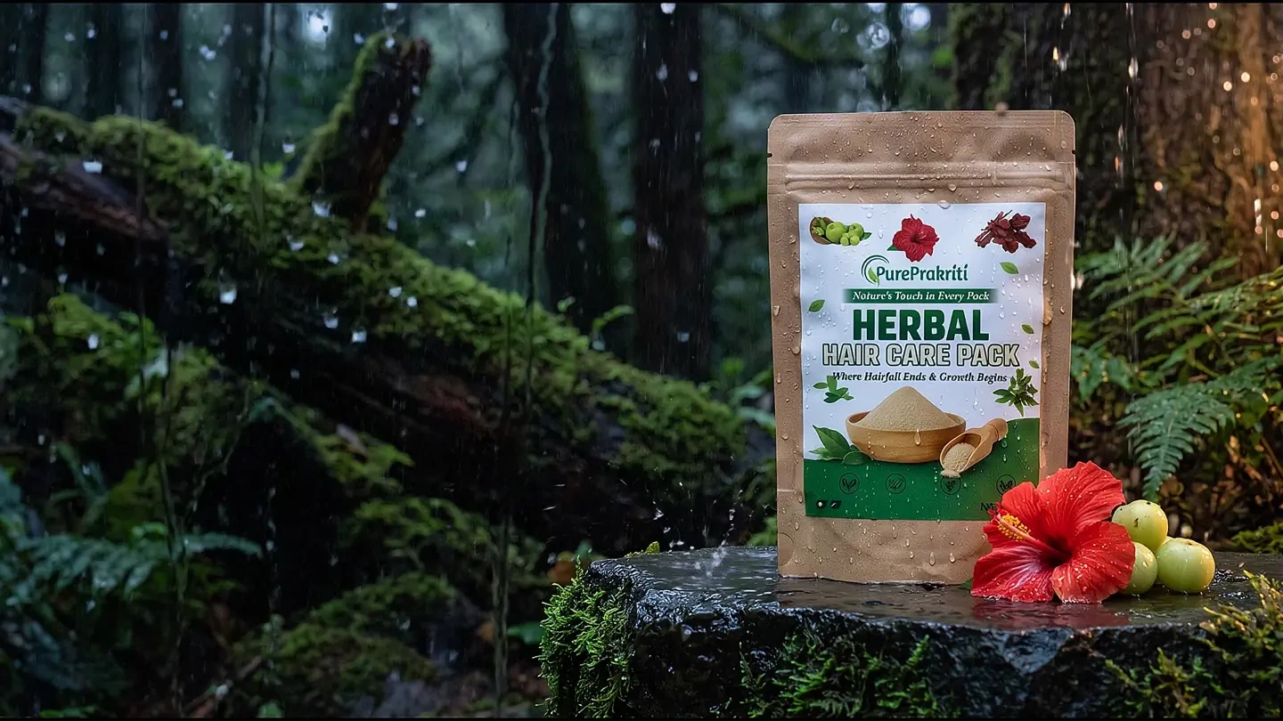 The PurePrakriti Herbal Hair Care Pack standing on a rain-soaked stone ledge in a monsoon forest