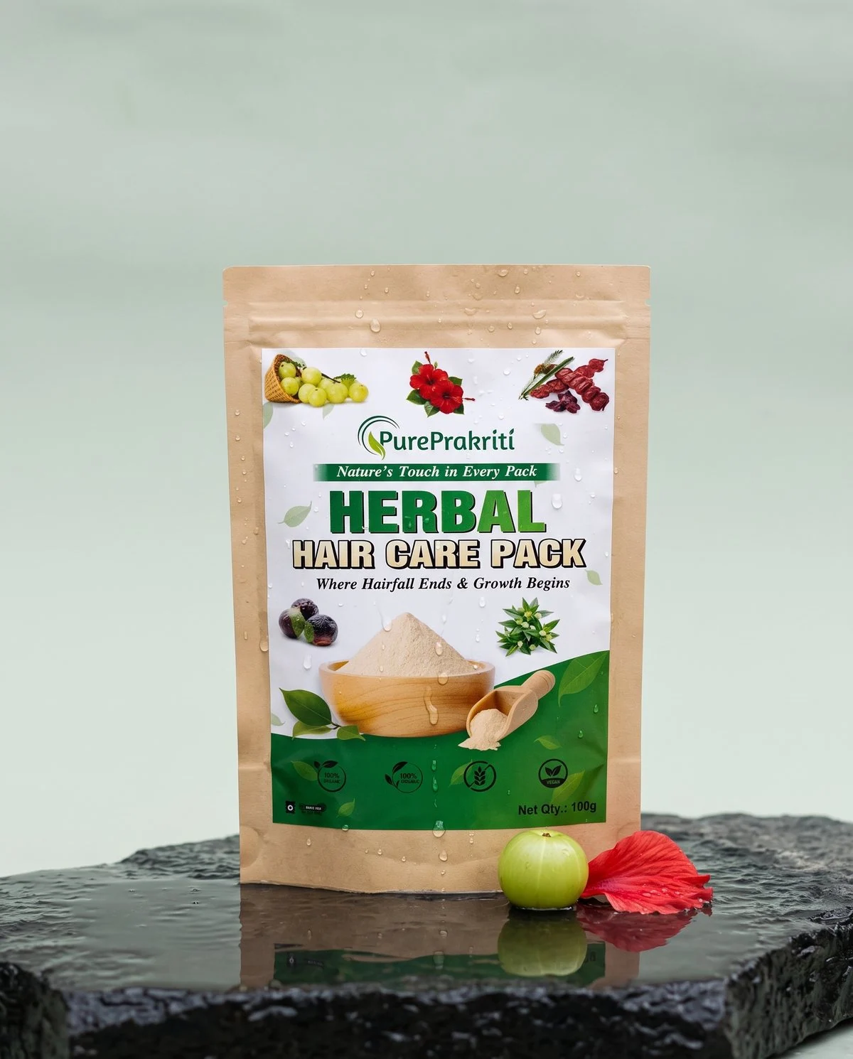 PurePrakriti Herbal Hair Care Pack on wet stone