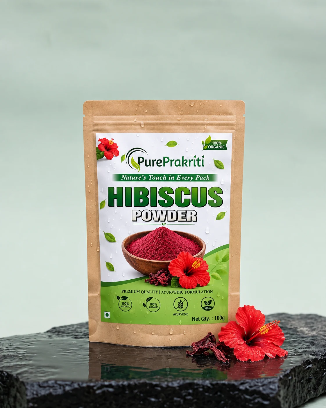 PurePrakriti Hibiscus Powder on wet stone
