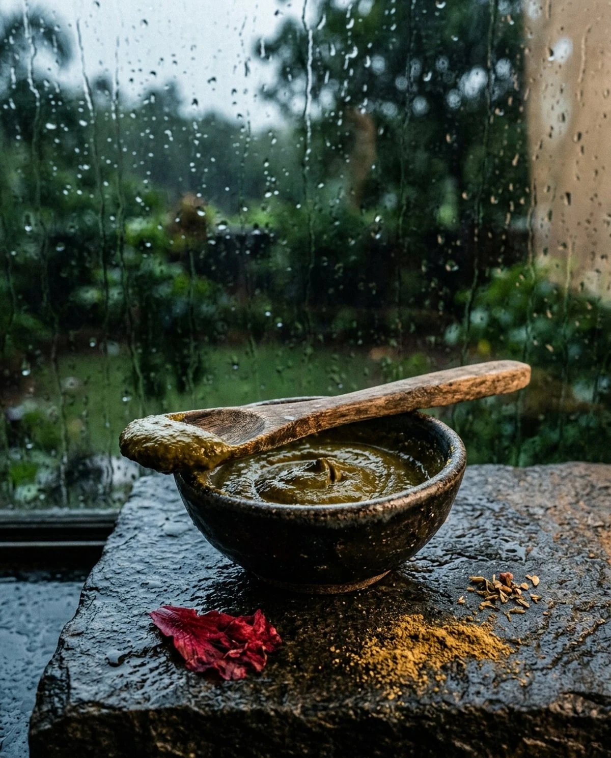 The herbal paste on a wooden spoon