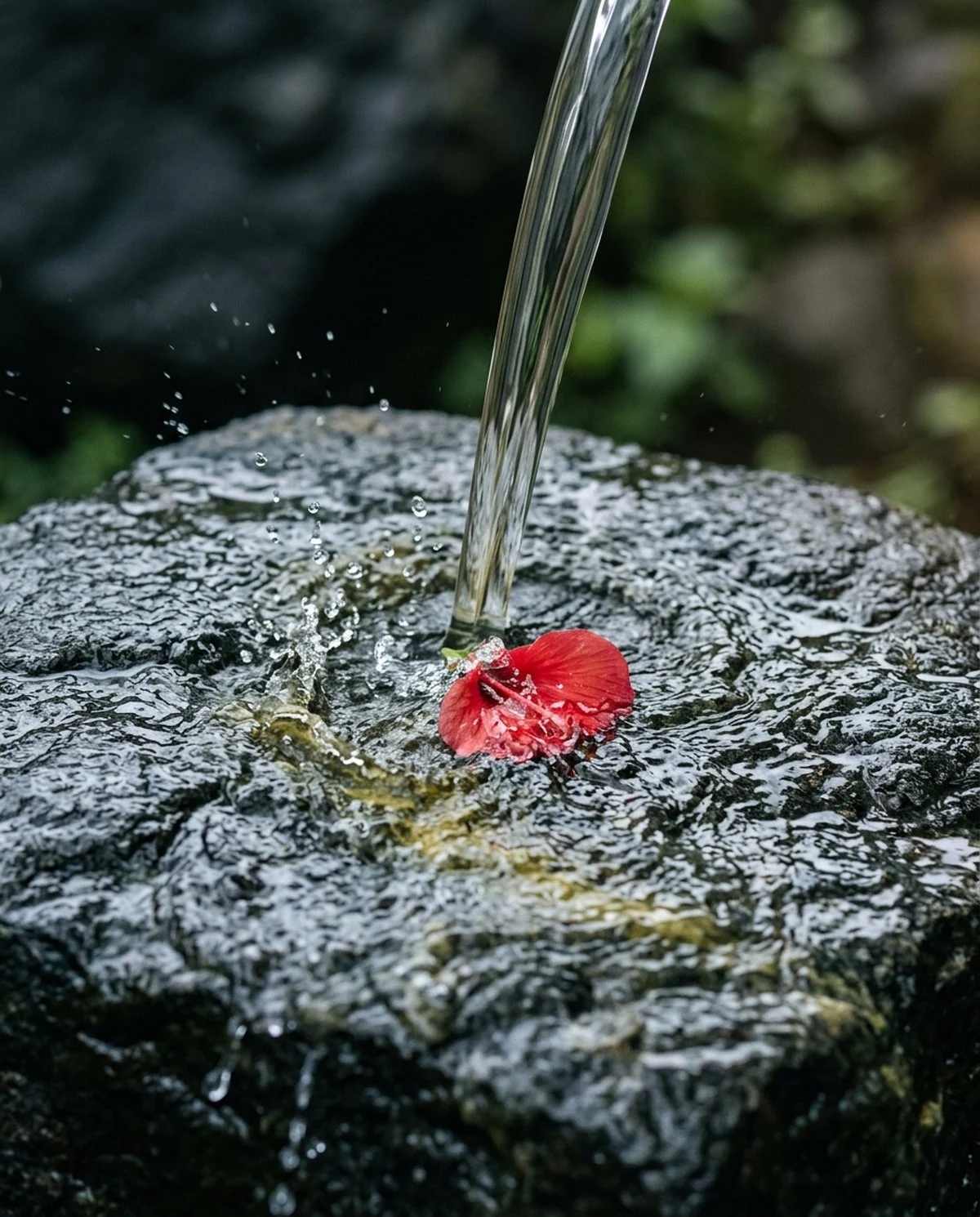 Water running over dark wet stone